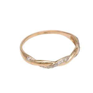Rose gold twisted band ring set with small diamonds along the front.