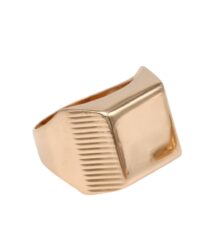 Rose gold signet ring with a flat square top and grooved edge detail on the side