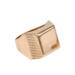 Rose gold signet ring with a flat square top and grooved edge detail on the side