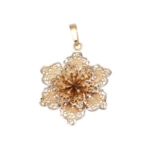 Gold-tone filigree flower pendant with intricate lace-like petals and a small loop for a chain