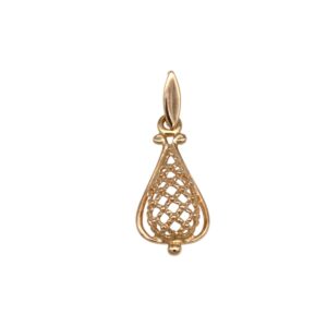 Gold teardrop pendant with an intricate lattice filigree and a small bead at the bottom, for a necklace accessorize.