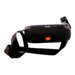 Black JBL portable Bluetooth speaker with an adjustable shoulder strap for on-the-go listening