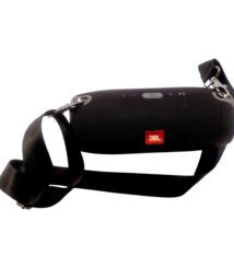Black JBL portable Bluetooth speaker with an adjustable shoulder strap for on-the-go listening