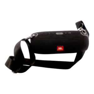 Black JBL portable Bluetooth speaker with an adjustable shoulder strap for on-the-go listening