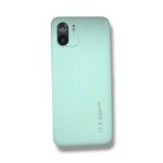 Mint green smartphone back with a textured case and a dual/main camera module in the top-left corner.