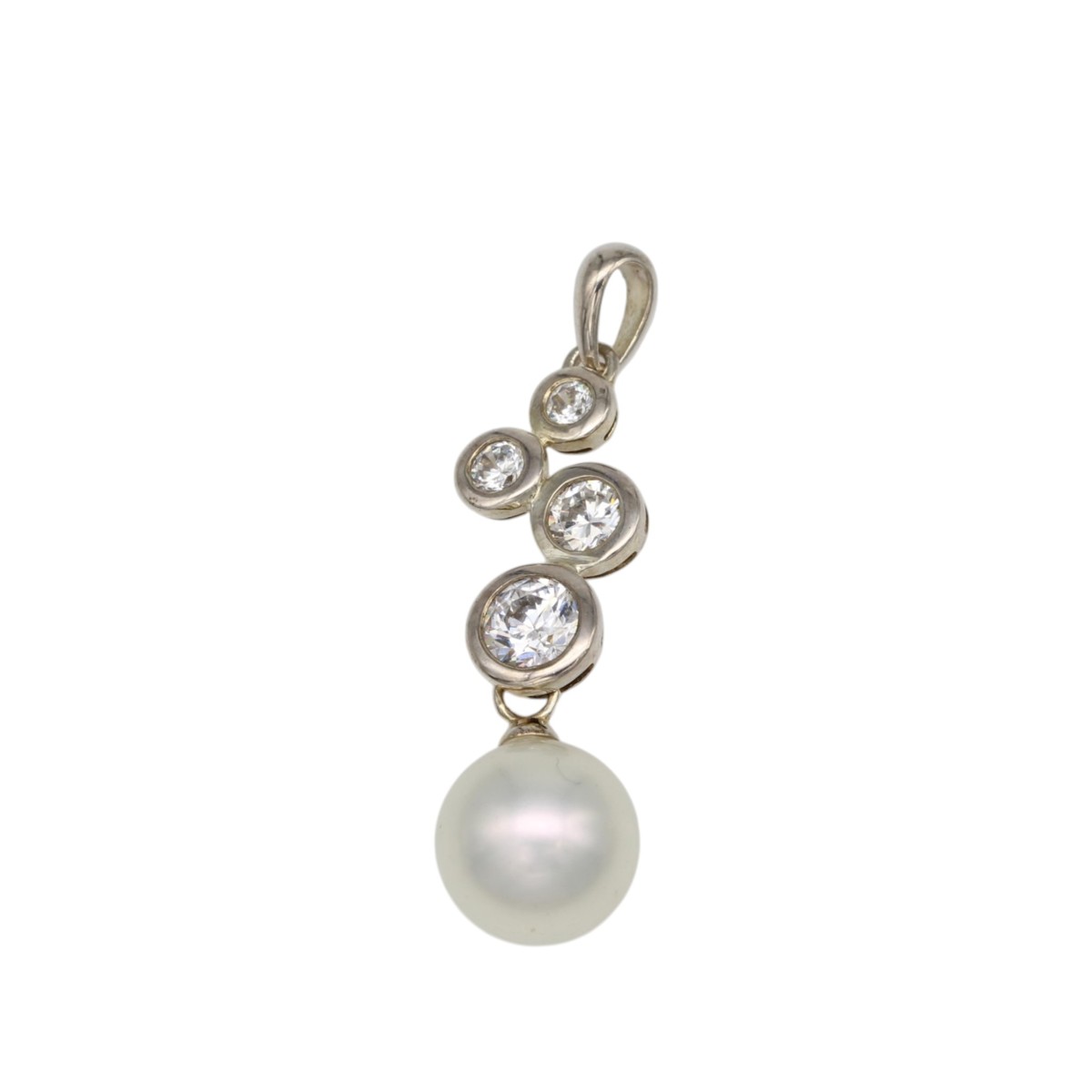 9ae185d0e81d3b9ad5ac4630a3c22b0cjpg - Mezola OÜ Silver bezel-set pendant with four round diamonds arranged vertically, ending in a large white pearl.