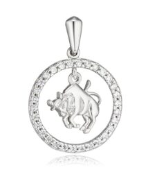 Round silver pendant with a diamond-studded bezel and a polished bull figure in the center (Taurus zodiac pendant).