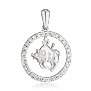 Round silver pendant with a diamond-studded bezel and a polished bull figure in the center (Taurus zodiac pendant).