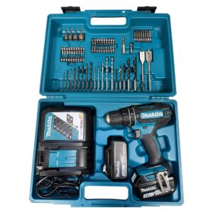 Blue Makita drill driver kit in its case with numerous drill bits, two batteries and a charger visible inside