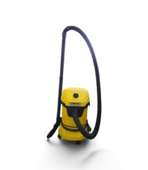 Yellow canister vacuum cleaner with a long flexible hose and wand, mounted on a wheeled base, ready for cleaning