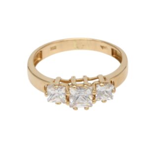 Gold band ring with three square-cut diamonds set in a row.
