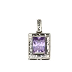 Square silver pendant with a purple square-cut gemstone and Greek-key border, on a bail above.