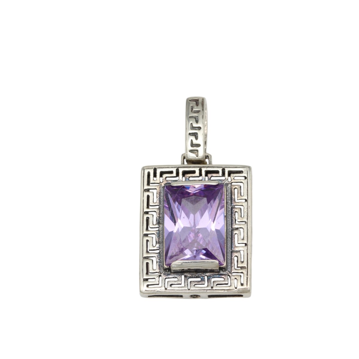 a491349f15d036f21cb8f94b086d112ejpg - Mezola OÜ Square silver pendant with a purple square-cut gemstone and Greek-key border, on a bail above.
