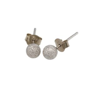 Silver glitter ball stud earrings with butterfly backs, shown from side angle