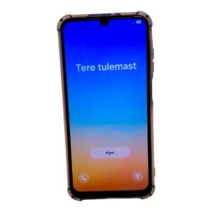 Smartphone with a blue-to-orange gradient lock screen showing the Estonian greeting 'Tere tulemast'.
