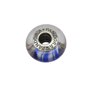 Close-up of a blue marbled wheel with a metal core bearing inset, bearing ring reads 'PANDORA'.