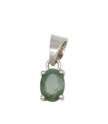 Silver pendant featuring an oval green gemstone set in a four-prong frame, hanging from a bail against a white background.