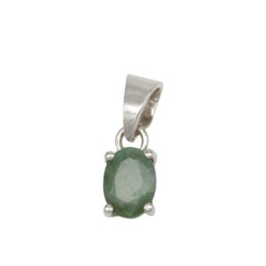 Silver pendant featuring an oval green gemstone set in a four-prong frame, hanging from a bail against a white background.