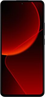 Front view of a black smartphone with a red abstract wallpaper filling the screen.