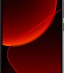 Front view of a black smartphone with a red abstract wallpaper filling the screen.