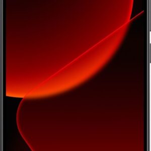 Front view of a black smartphone with a red abstract wallpaper filling the screen.