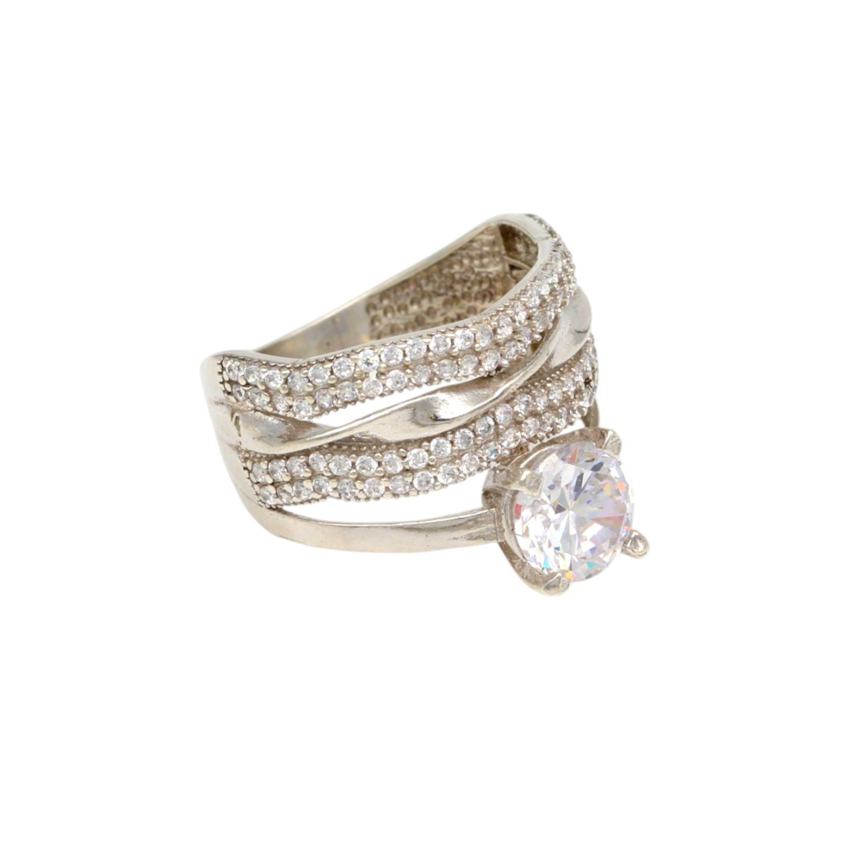 b32a9d504a05cc0136ac24fbcab09027jpg - Mezola OÜ Three-band silver ring with pavé diamonds and a large round clear gemstone centerpiece.