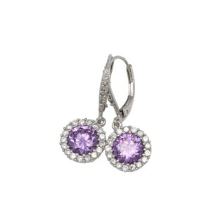 Twin purple gemstone earrings with diamond halos on silver leverback clasps.