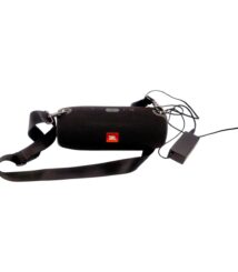 Black JBL portable Bluetooth speaker with an integrated strap and charging cable attached.