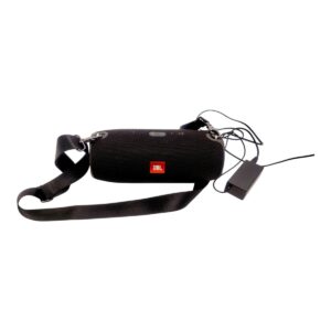 Black JBL portable Bluetooth speaker with an integrated strap and charging cable attached.