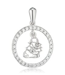 Silver circular pendant encrusted with small diamonds, with a tree-shaped charm inside the ring.