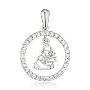 Silver circular pendant encrusted with small diamonds, with a tree-shaped charm inside the ring.