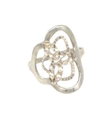 Silver ring with an openwork floral lattice design featuring petal-like cutouts? intricate, decorative jewelry piece.