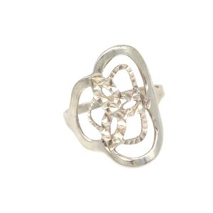 Silver ring with an openwork floral lattice design featuring petal-like cutouts? intricate, decorative jewelry piece.