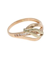 Two-tone gold ring with an intertwined knot design and small diamond accents along the band