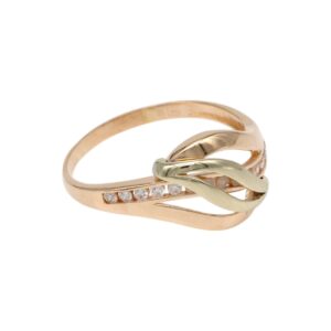 Two-tone gold ring with an intertwined knot design and small diamond accents along the band