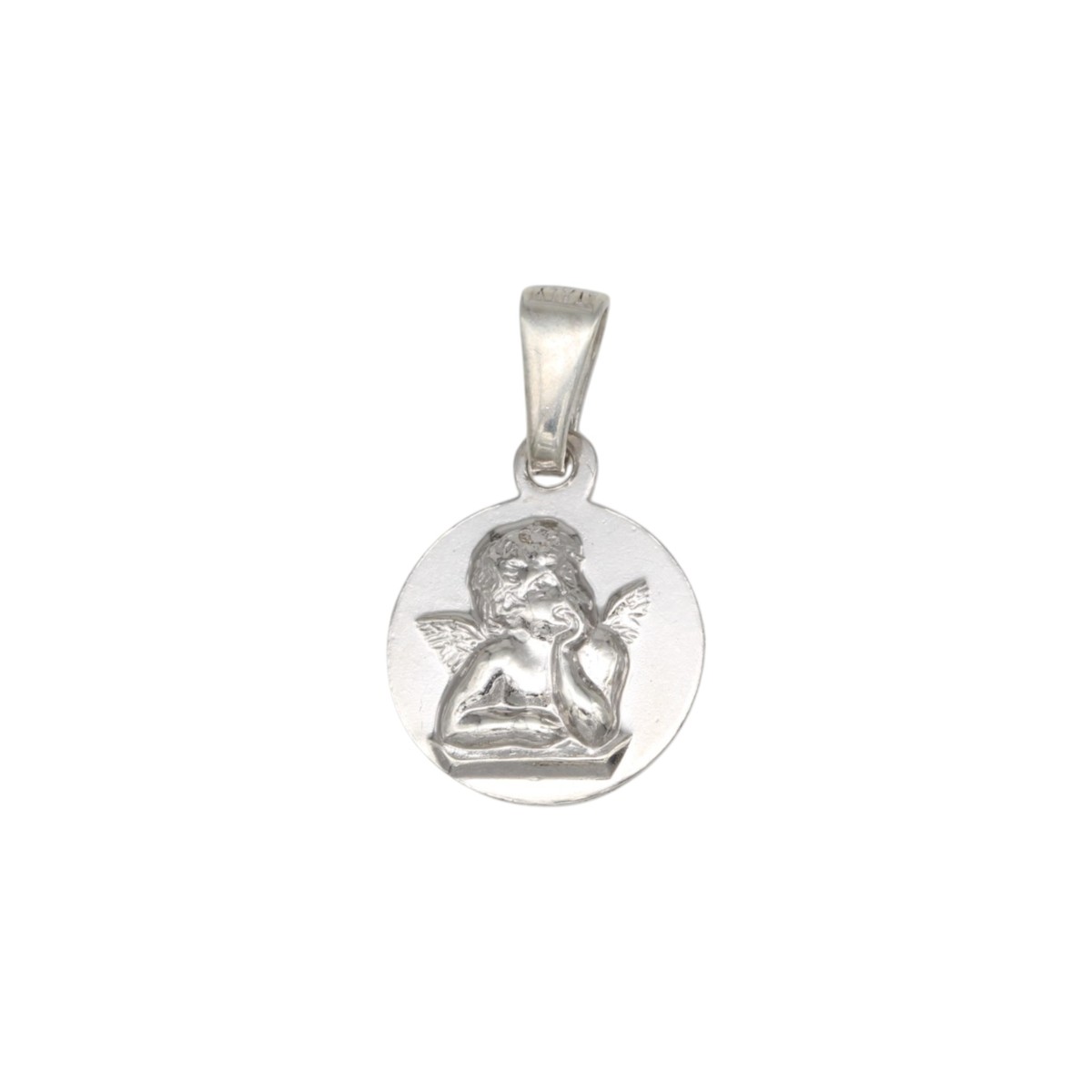 cde0bd8bc3e83ad668379eb0294df703jpg - Mezola OÜ Round silver pendant with a raised cherub image, resting its chin on its hand and small wings on the back edge of the coin-like circle