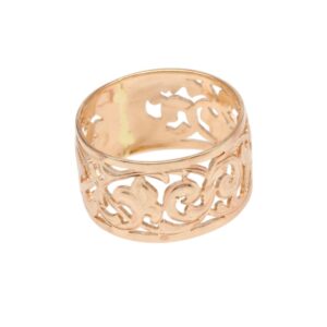 Rose gold ring with an intricate openwork scroll design along the band.