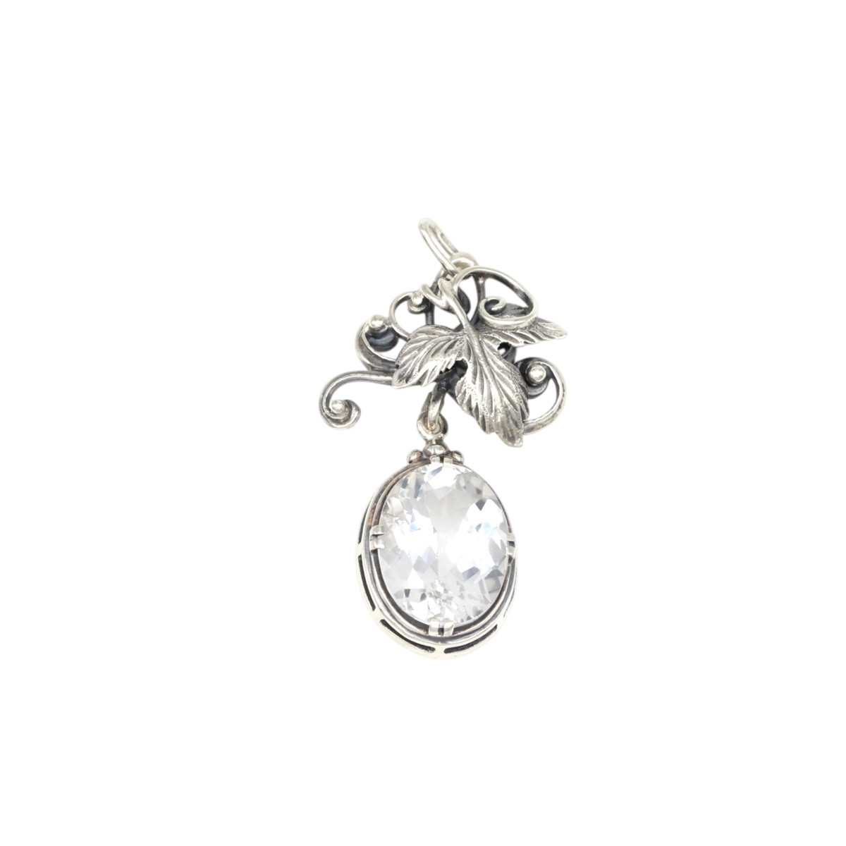 d34fa06c8a7a91acd71e7f73fee00431jpg - Mezola OÜ Silver pendant charm with decorative leafy vines and a large faceted crystal drop