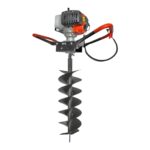 Gas-powered earth auger with red handles and a spiral drill bit for digging holes
