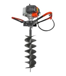 Gas-powered earth auger with red handles and a spiral drill bit for digging holes