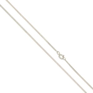Silver chain necklace with a spring-ring clasp laid diagonally across a white background.