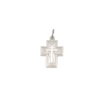 Silver cross pendant with a raised border and an inner engraved pattern, hanging loop at the top
