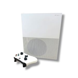 White Xbox gaming console with a perforated front grille and a matching white wireless controller beside it.