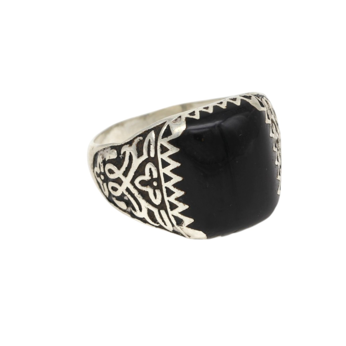 de426e8191112d946e0a299c74ba5800jpg - Mezola OÜ Silver ring with a large black onyx stone and geometric tribal engravings along the band.