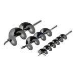Set of metal auger drill bits with spiral flutes arranged diagonally for drilling holes in metal or wood (various sizes).