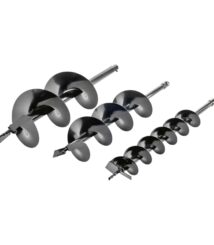 Set of metal auger drill bits with spiral flutes arranged diagonally for drilling holes in metal or wood (various sizes).