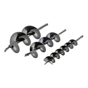 Set of metal auger drill bits with spiral flutes arranged diagonally for drilling holes in metal or wood (various sizes).