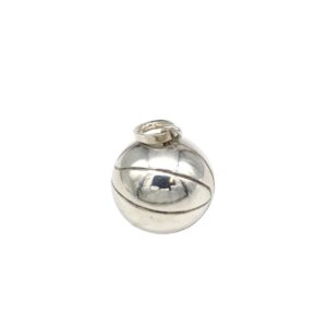 Spherical silver pendant with a small loop for a chain, featuring curved grooves and a reflective surface.”,