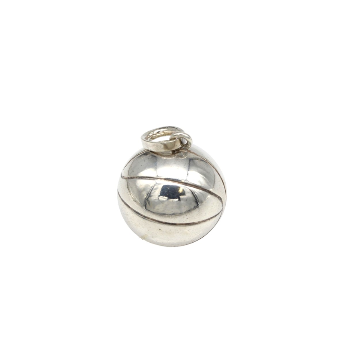 e6f45cf0ef118702692f670bb29daf9cjpg - Mezola OÜ Spherical silver pendant with a small loop for a chain, featuring curved grooves and a reflective surface.”,