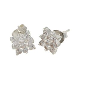 Silver earring studs with a cluster of clear stones arranged in a floral shape.